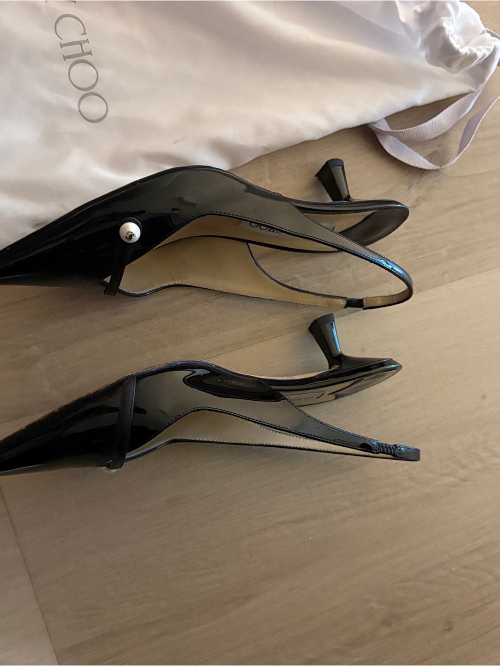 Jimmy Choo Black Patent Leather Pointed Slingback Pumps with Pearl Accent - Picture 3 of 9